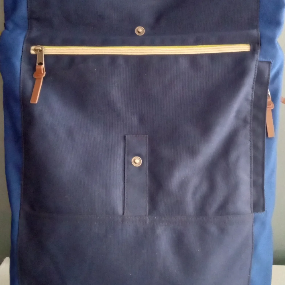 Penguin Backpack Blue Canvas Leather Trim Roll‎ Top Adjustable Straps